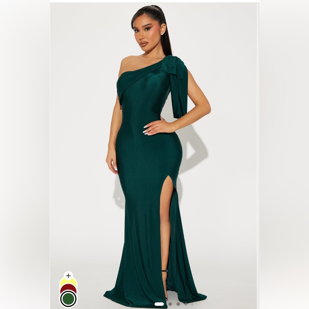 Fashion Nova Green Asymmetrical One Shoulder Gown